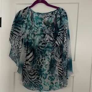 JM Collection Teal and Black Animal Print Blouse